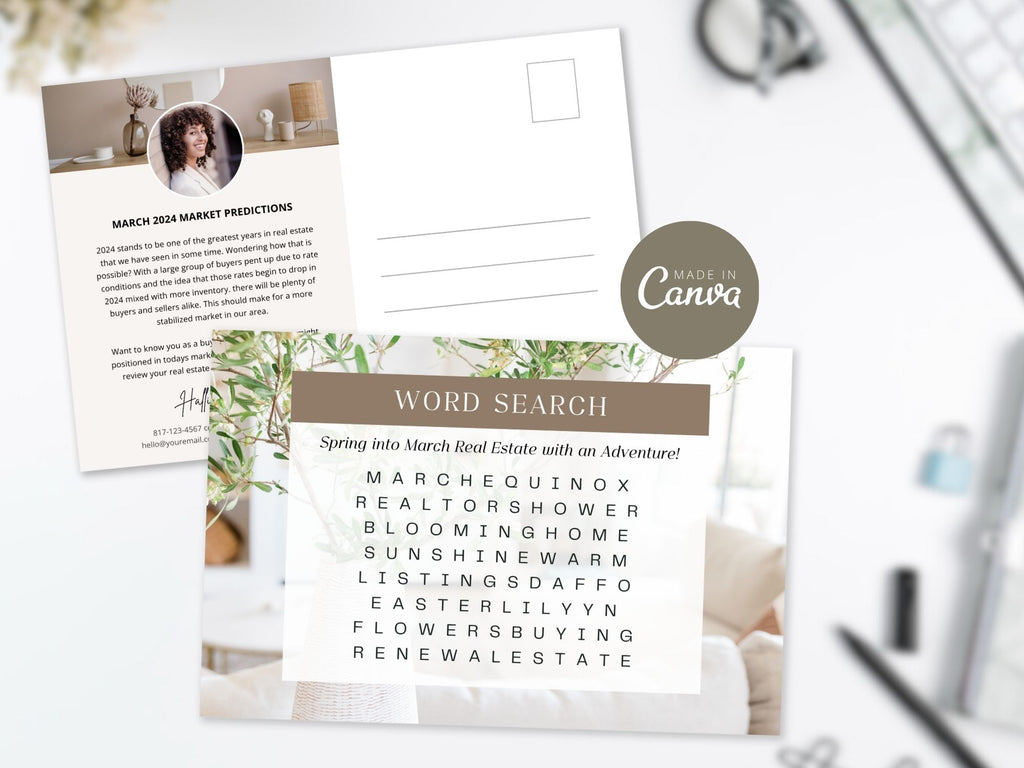 March Word Search Postcard - Professionally designed real estate postcard featuring a fun and interactive March-themed word search.