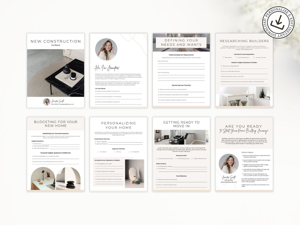 Minimal New Construction Workbook for realtors, helping clients navigate the home-building
process.