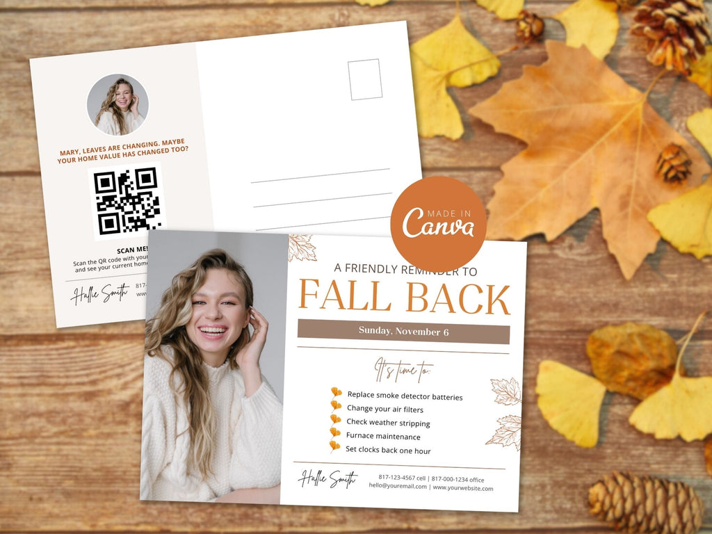 Real Estate Fall Back Postcard Vol 02 - Captivating design for reminding clients about the time change and showcasing your real estate brand in the autumn season.