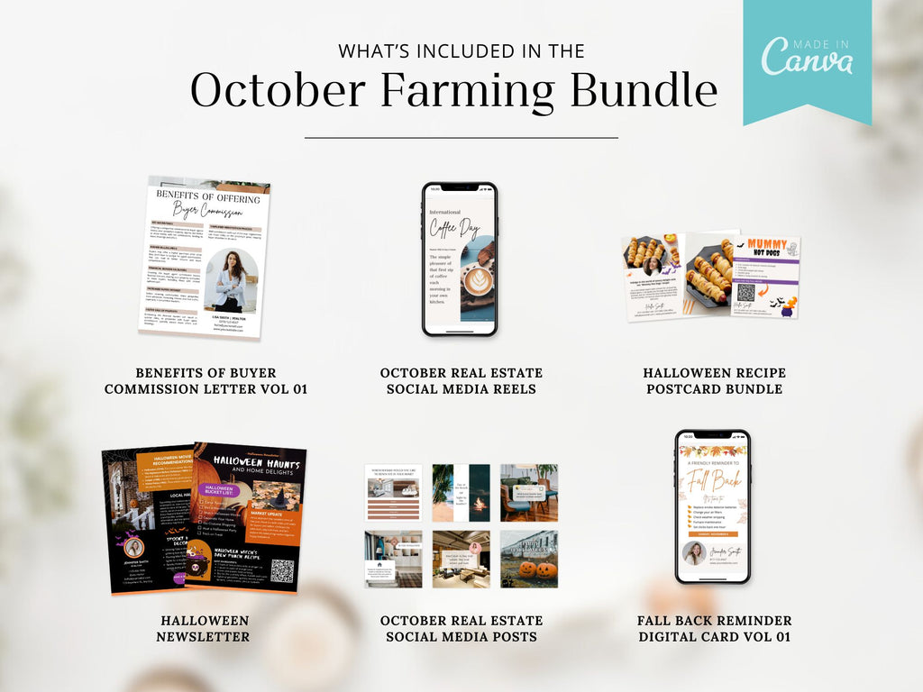 October Farming Bundle with real estate marketing templates for community engagement and outreach.