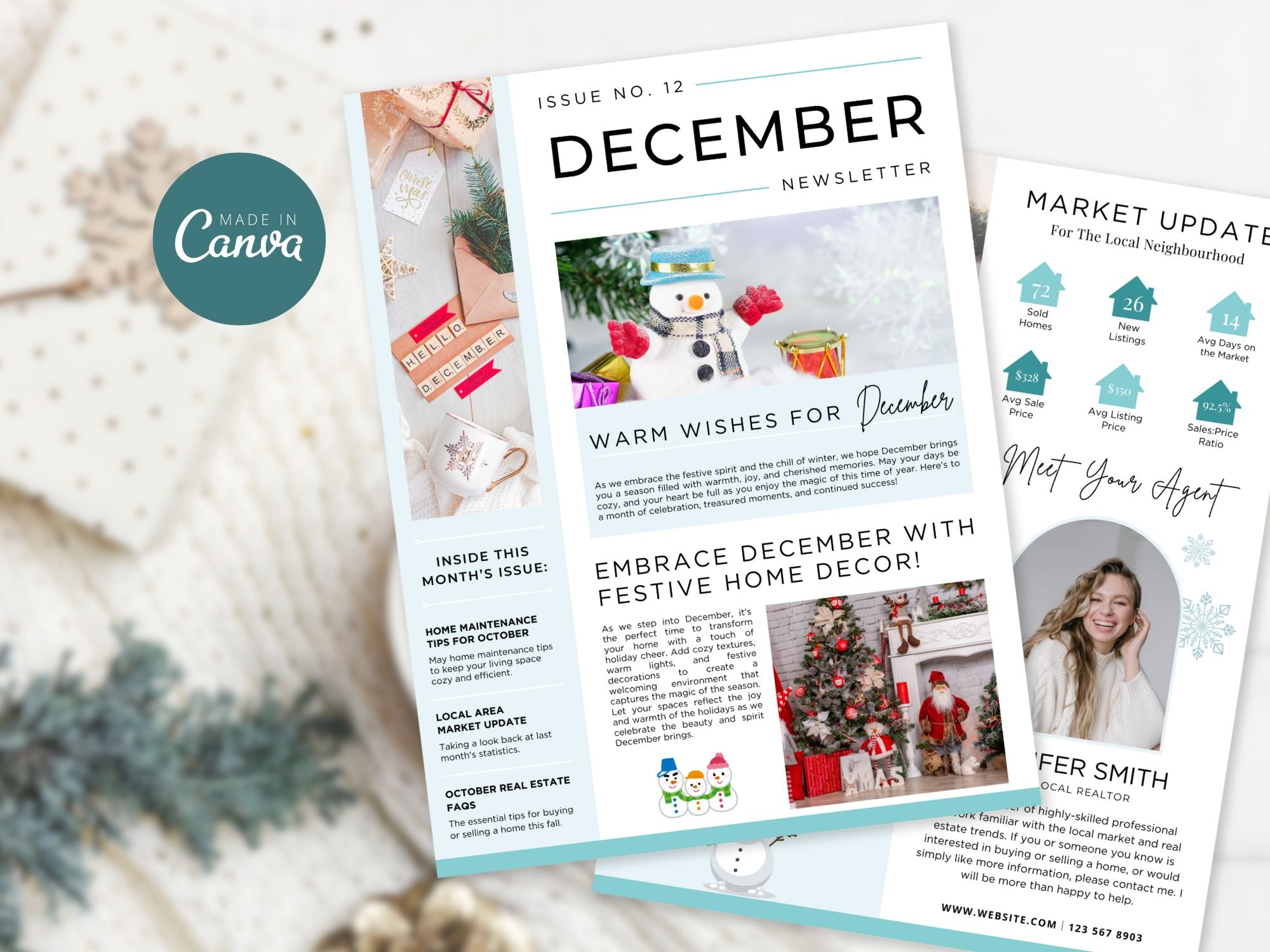 December Newsletter 2024 Vol 02 template for real estate professionals, featuring year-end market summaries and holiday home tips.