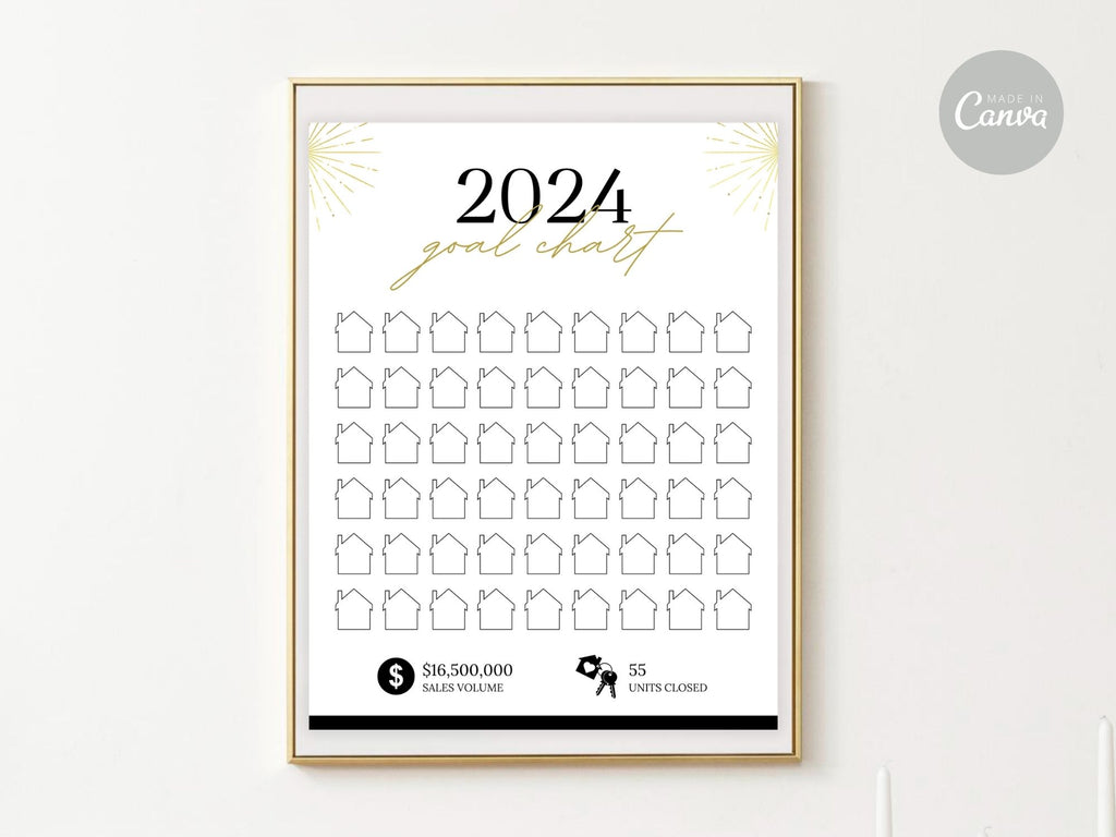 Real Estate Gold 2024 Realtor Goal Chart - Eye-catching chart for goal setting and tracking in a luxurious gold theme, providing a stylish and motivational tool for achieving real estate milestones.