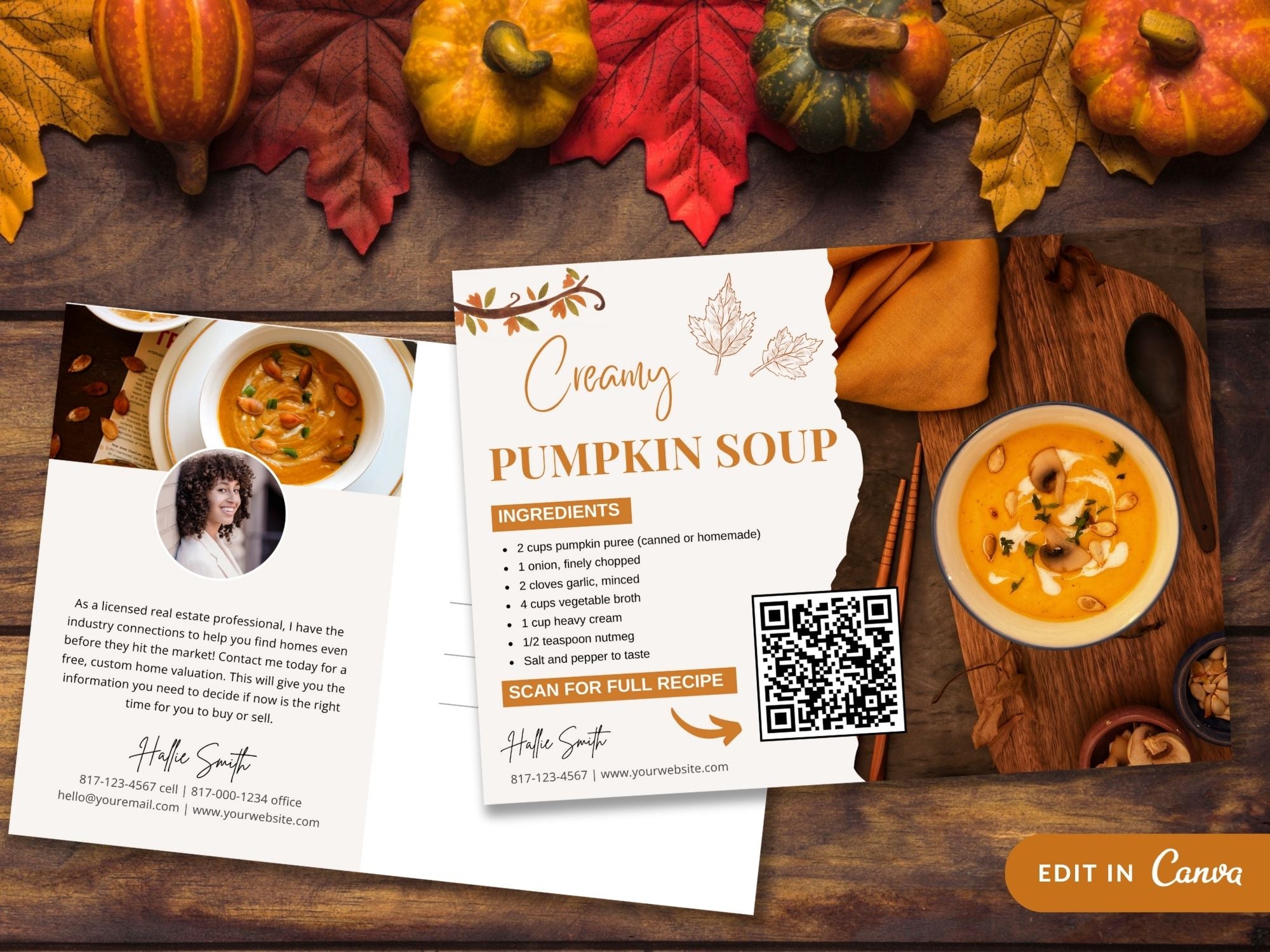 Real Estate Fall Recipe Postcard Bundle - Delightful bundle combining autumnal design with flavorful recipes for a unique and engaging way to express seasonal greetings and foster connections with clients during the fall season.