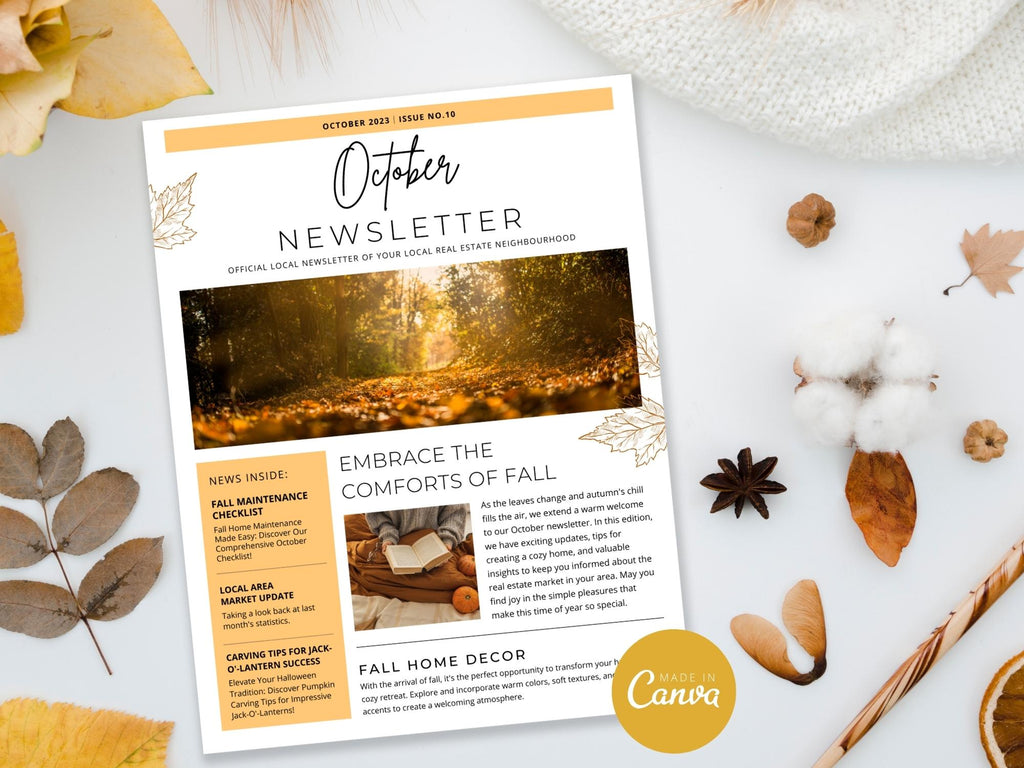 Real Estate Minimal October Newsletter 2023 - Clean and concise newsletter template for simplifying October communications, delivering important updates, expressing seasonal greetings, and maintaining a professional connection with your real estate audience.