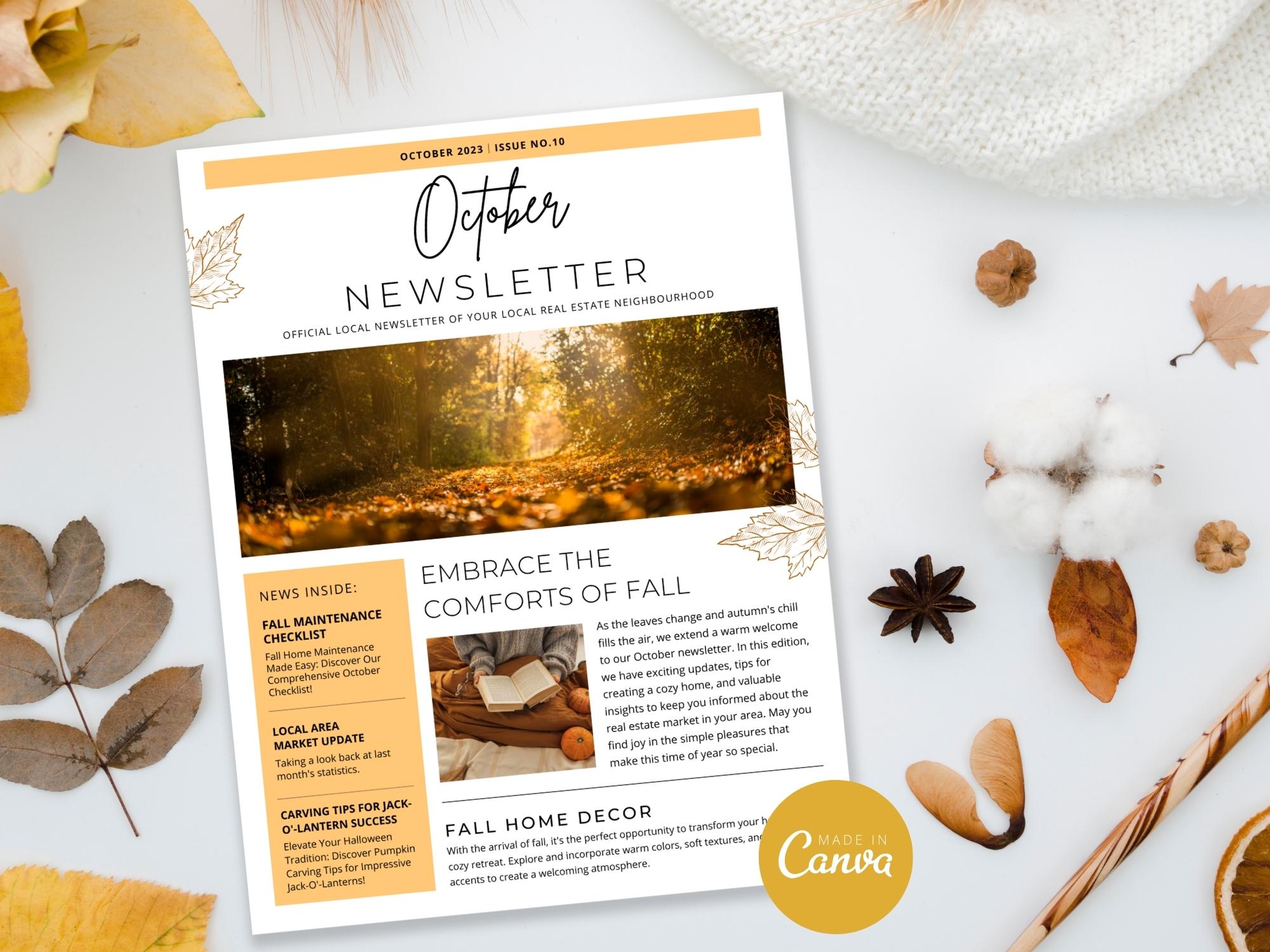 Real Estate Minimal October Newsletter 2023 - Clean and concise newsletter template for simplifying October communications, delivering important updates, expressing seasonal greetings, and maintaining a professional connection with your real estate audience.