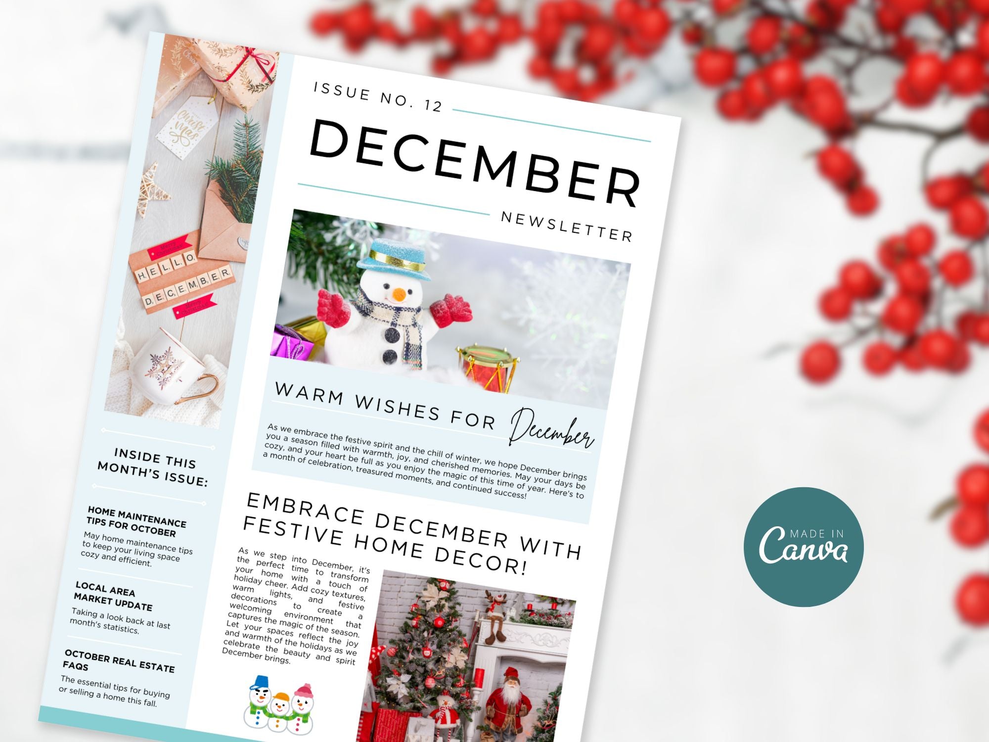 December Newsletter 2024 Vol 02 template for real estate professionals, featuring year-end market summaries and holiday home tips.
