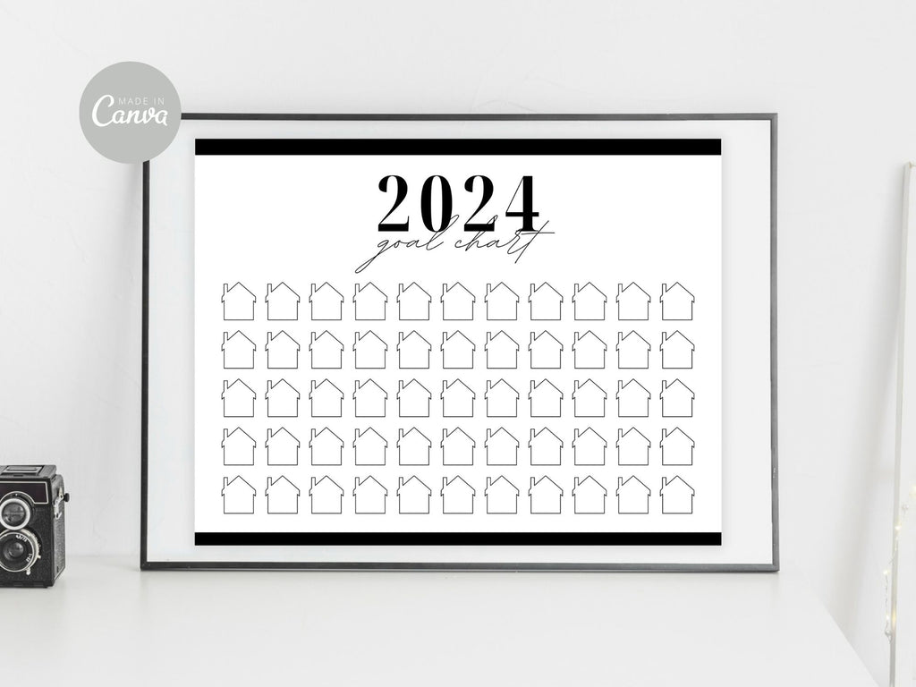 Real Estate Black 2024 Realtor Goal Chart - Sleek and modern chart for goal setting and tracking in a sophisticated black theme, providing a motivational and stylish tool for achieving real estate milestones.