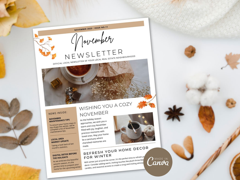 Real Estate Minimal November Newsletter 2023 - Clean and concise newsletter template for delivering important updates and seasonal greetings in a professional and engaging manner.