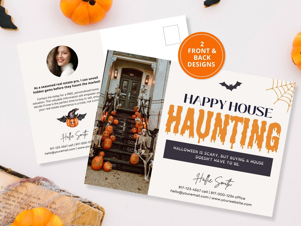 Real Estate Happy House Haunting Halloween Postcard - Creatively designed postcard wishing clients a 'Happy House Haunting,' providing a unique and engaging way to express Halloween greetings and foster connections with your real estate audience.