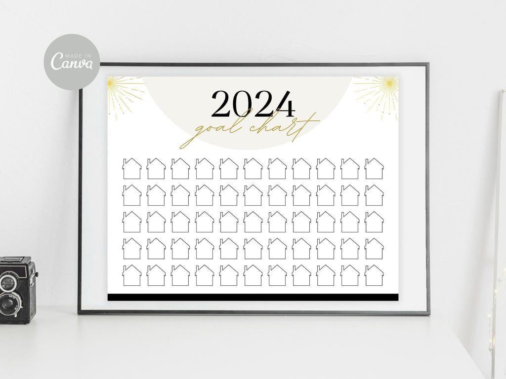 Real Estate Gold 2024 Realtor Goal Chart - Eye-catching chart for goal setting and tracking in a luxurious gold theme, providing a stylish and motivational tool for achieving real estate milestones.