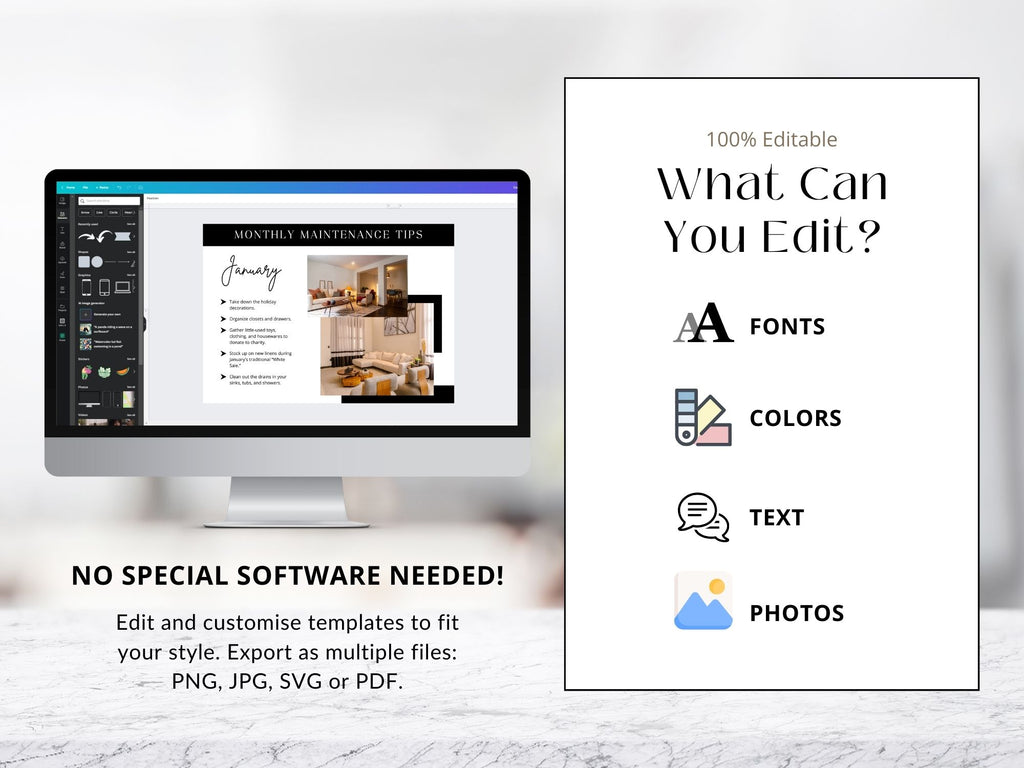 Monthly Maintenance Tips Bundle - Comprehensive set including postcards, Instagram posts, stories, and textable templates offering home maintenance advice.