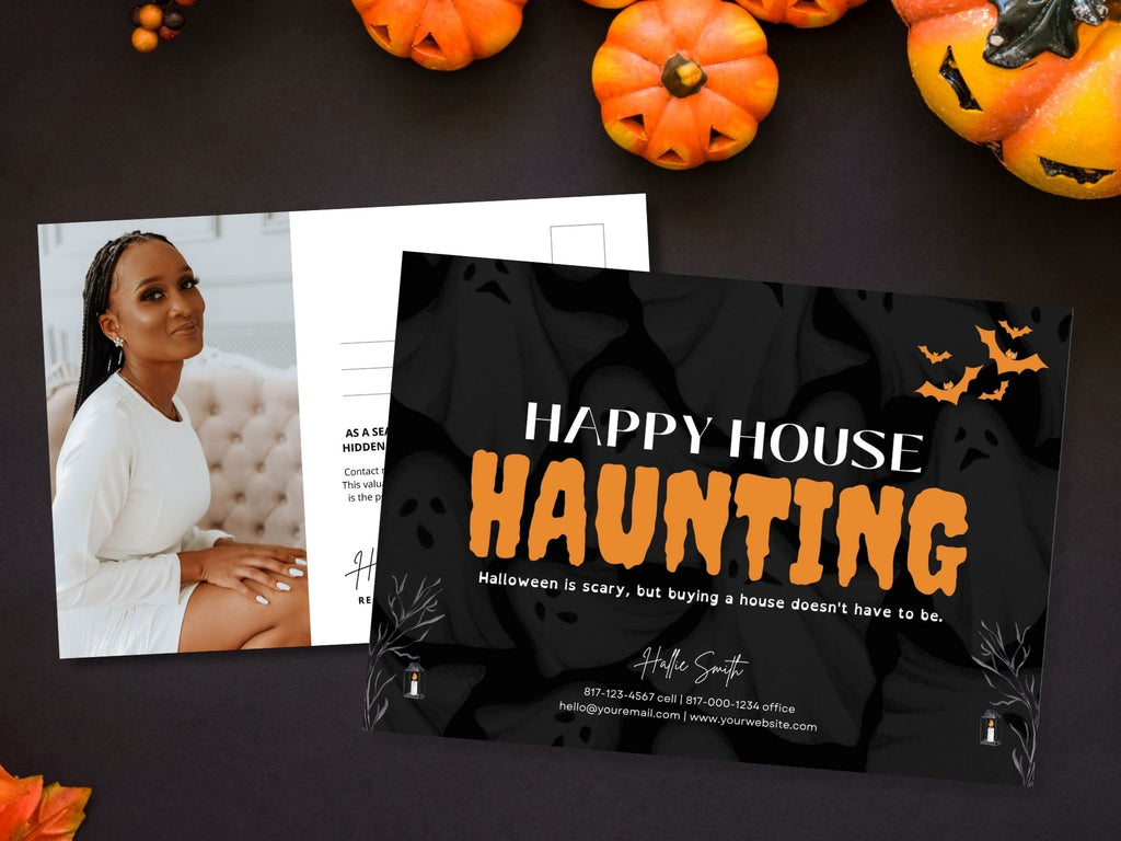 Real Estate Happy House Haunting Halloween Postcard - Creatively designed postcard wishing clients a 'Happy House Haunting,' providing a unique and engaging way to express Halloween greetings and foster connections with your real estate audience.
