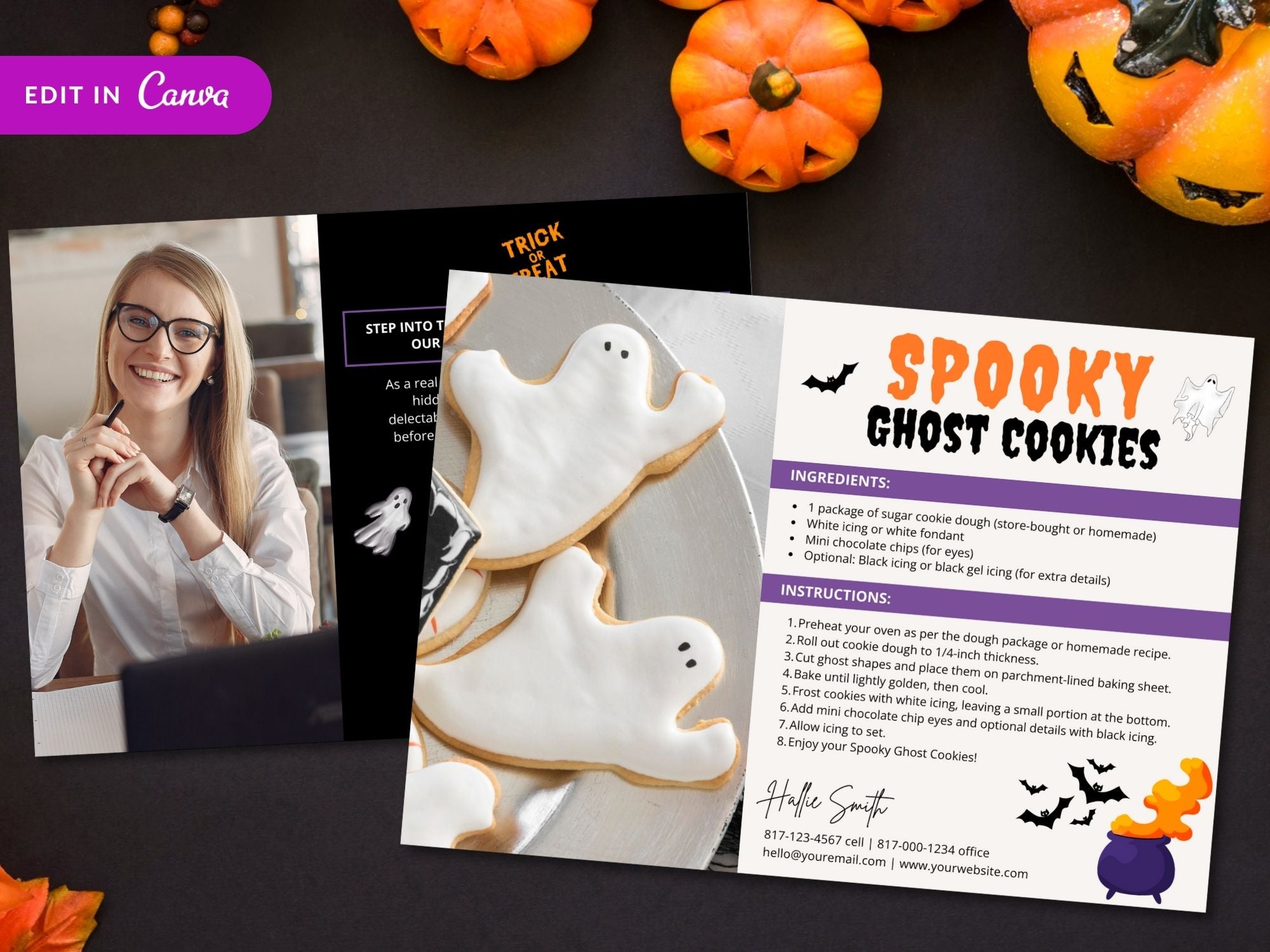 Real Estate Halloween Recipe Postcard Bundle - Delightful bundle combining spooky design with mouthwatering recipes for a unique and engaging way to express seasonal greetings and foster connections with clients during the Halloween season.