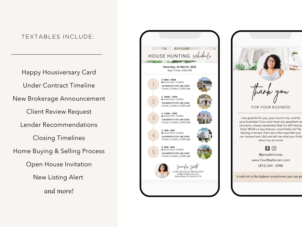 Real Estate Textable Bundle - Elevate your real estate communication with a comprehensive package of digital tools, including home buying and selling guides, market updates, house hunting schedules, and more.