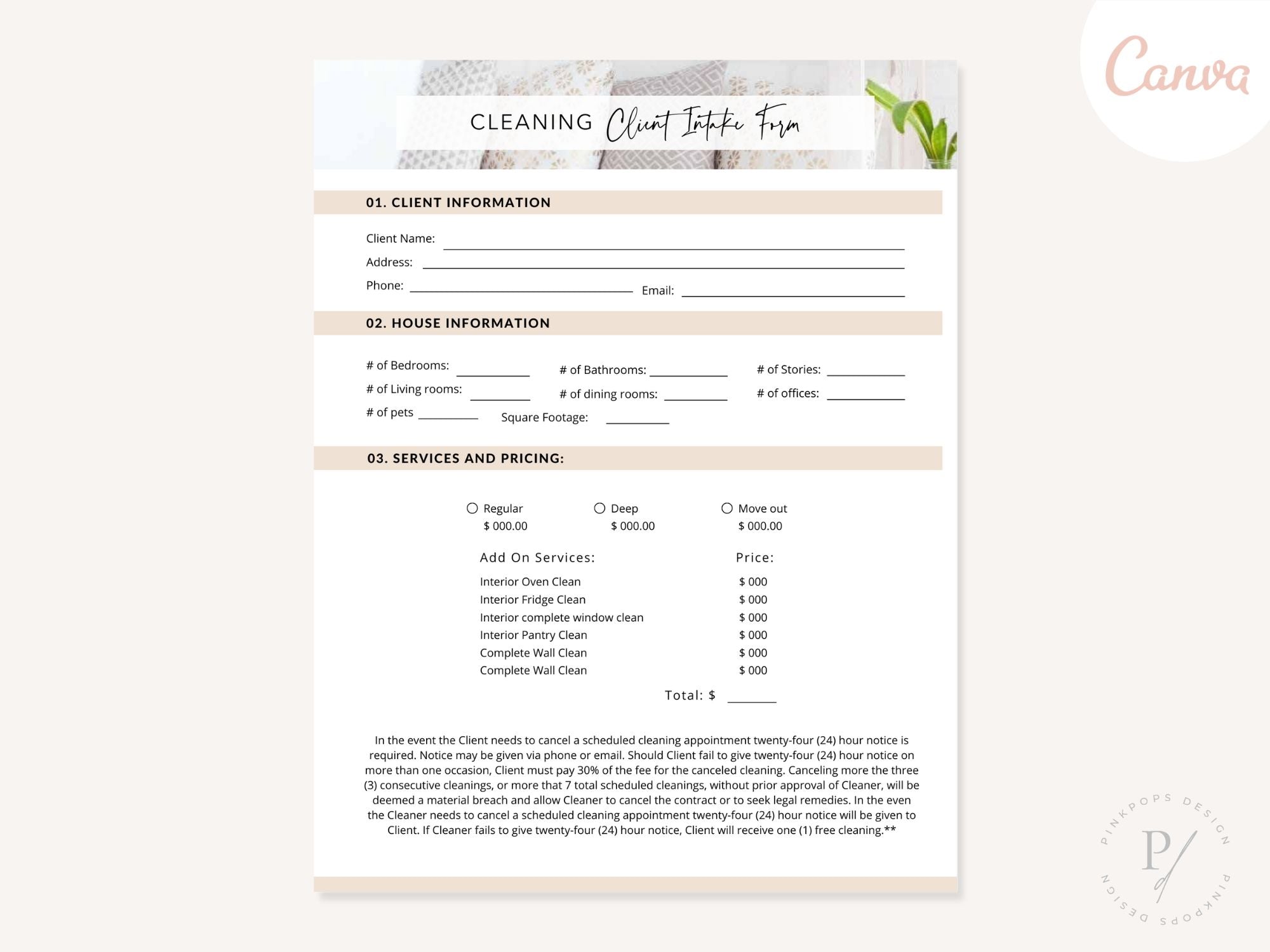 Cleaning Client Intake Form - Editable template for efficient client onboarding, gathering essential information to tailor and provide exceptional cleaning services based on individual needs and preferences.