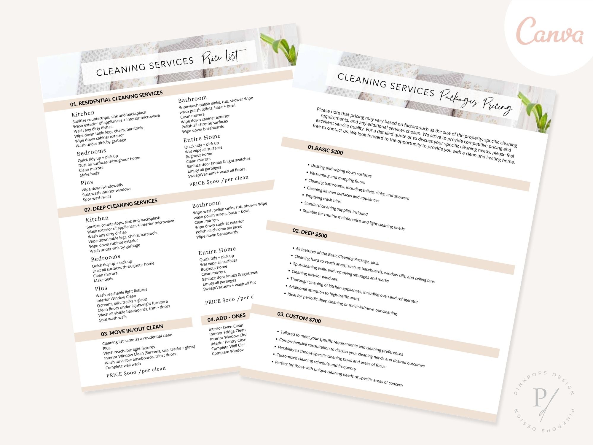 Cleaning Services Price List - Editable template for effectively communicating cleaning service rates, ensuring clarity and transparency for clients to easily understand and choose from a range of cleaning services.