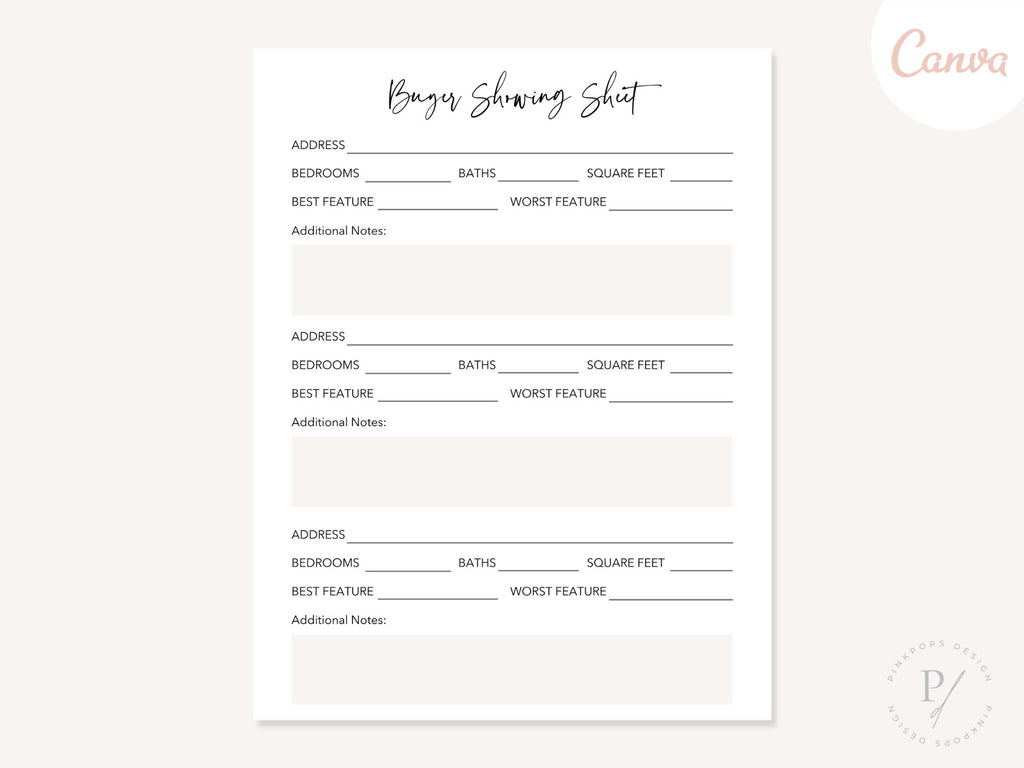 Real Estate Buyer Showing Sheet - Editable template for elevating property showings and providing essential details to enhance the buyer's experience in the real estate journey.