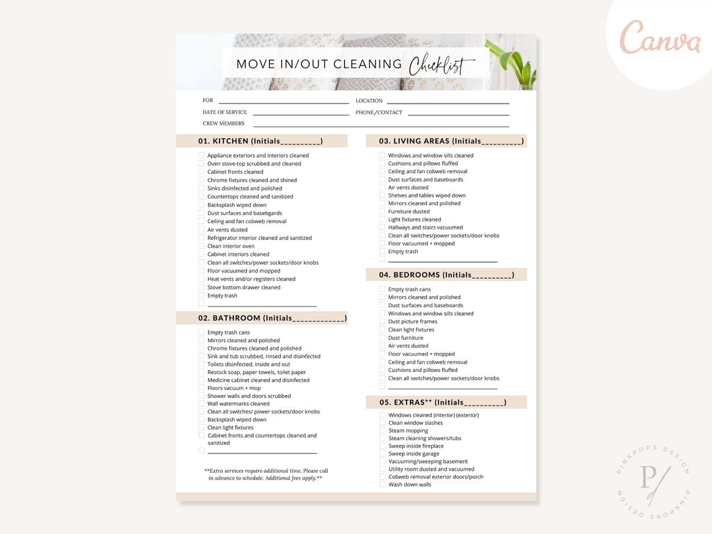 Move In and Out Cleaning Checklist - Editable template for ensuring a thorough and organized cleaning process during move-ins and move-outs, facilitating seamless transitions and a fresh start.