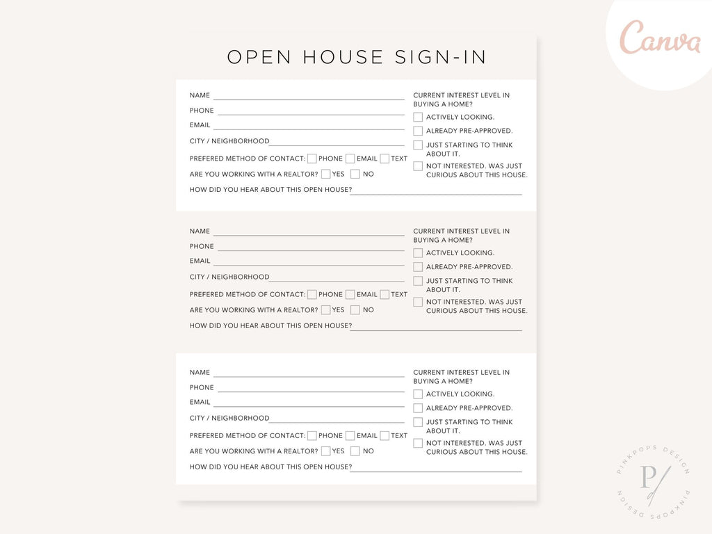 Real Estate Open House Sign-in Sheet - Efficient template for capturing guest information at open house events, fostering connections and enhancing professionalism.