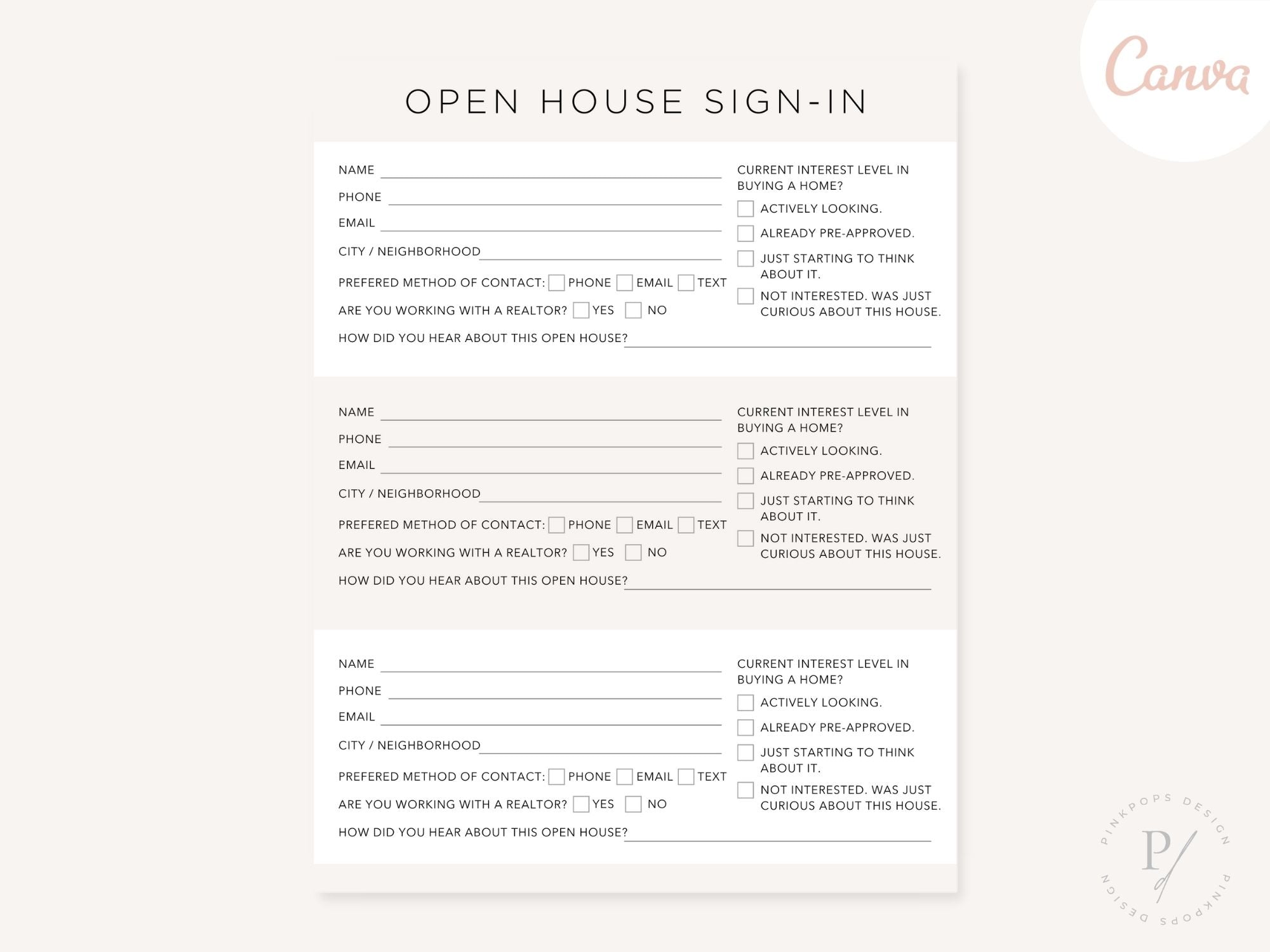 Real Estate Open House Sign-in Sheet - Efficient template for capturing guest information at open house events, fostering connections and enhancing professionalism.