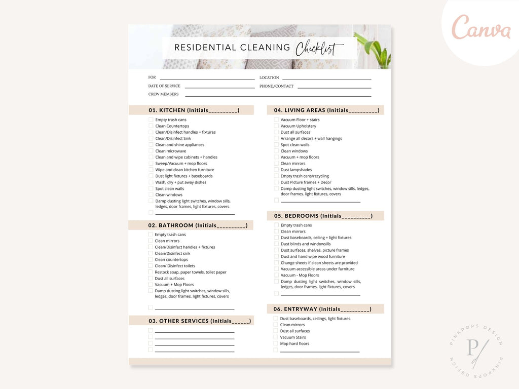  Residential Cleaning Checklist - Editable template for ensuring a thorough and efficient approach to residential cleaning services, providing an organized and exceptional cleaning experience.