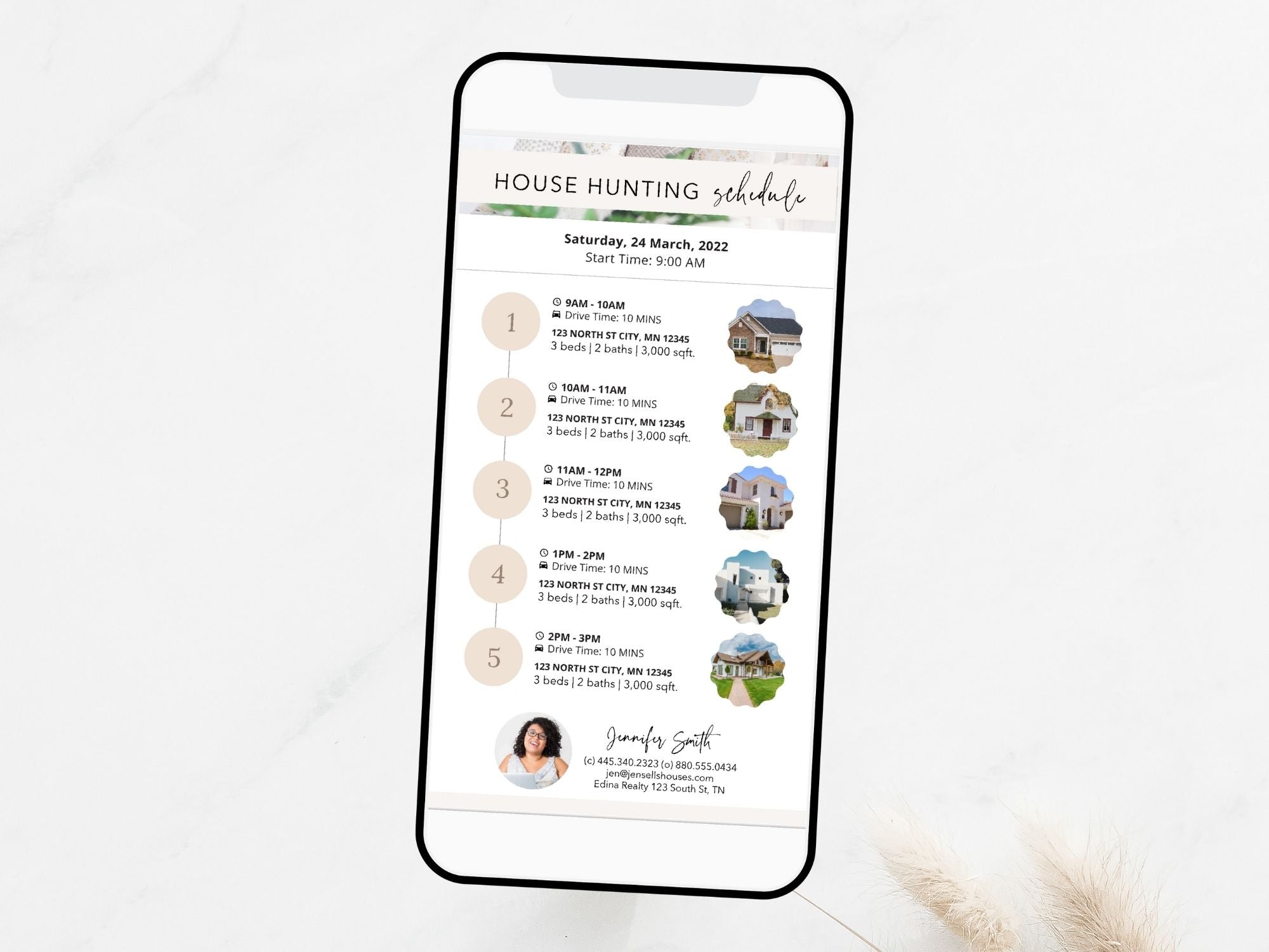 Real Estate Textable House Hunting Schedule - Simplify the house hunting experience with a digital schedule tool for convenient and organized assistance during the search for the perfect home.