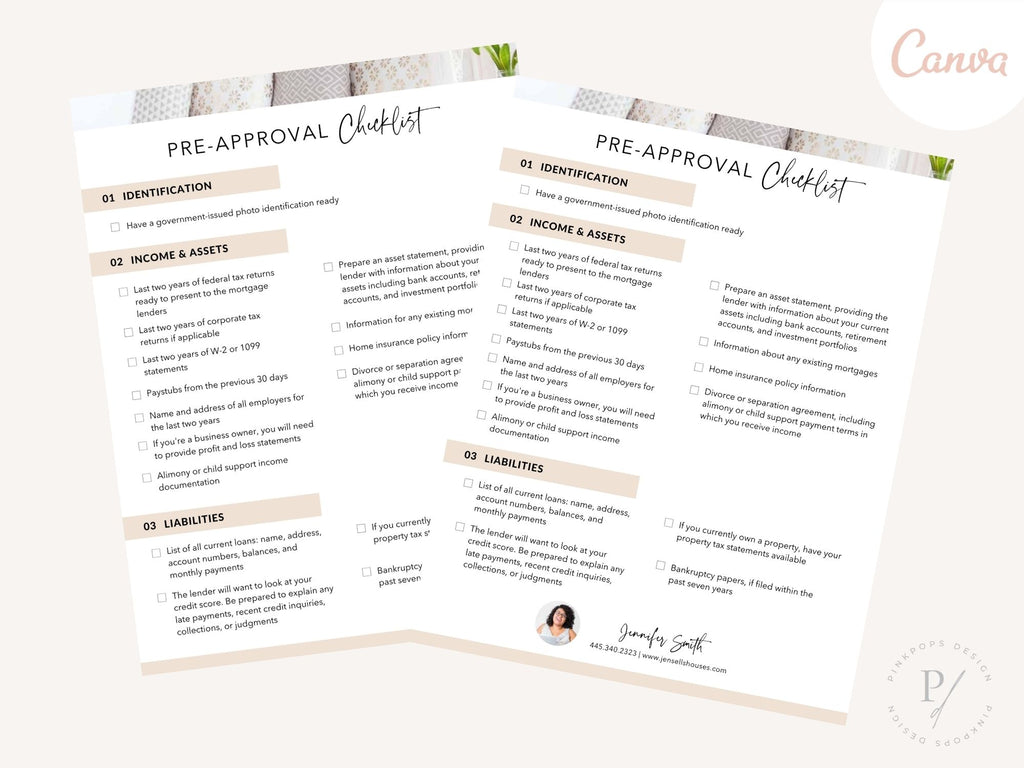 Real Estate Pre-Approval Checklist - Editable template for streamlining the pre-approval process and guiding potential buyers through essential requirements in the real estate journey.