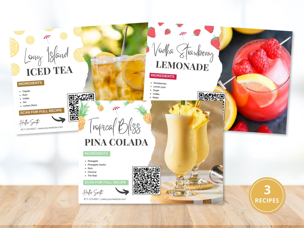 Cocktail Recipe Postcard Bundle - Elevate client connections with Pina Colada, Long Island Iced Tea, and Vodka Strawberry Lemonade recipes. Add a refreshing twist to real estate marketing with delightful cocktail recipe postcards.