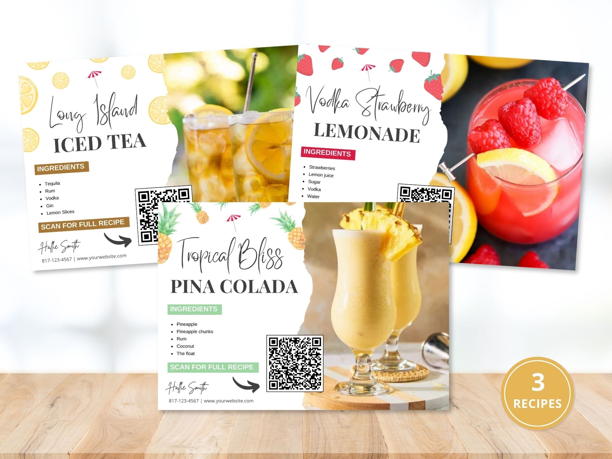 Cocktail Recipe Postcard Bundle - Elevate client connections with Pina Colada, Long Island Iced Tea, and Vodka Strawberry Lemonade recipes. Add a refreshing twist to real estate marketing with delightful cocktail recipe postcards.