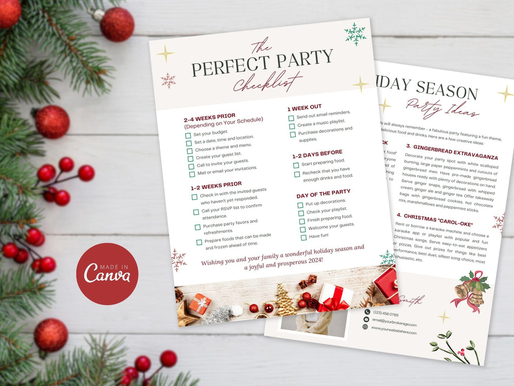 Christmas Holiday Newsletter - Elevate your marketing with festive tips. 'The Perfect Party Checklist' and 'Holiday Season Party Ideas' pages engage clients in holiday spirit, making this season memorable.