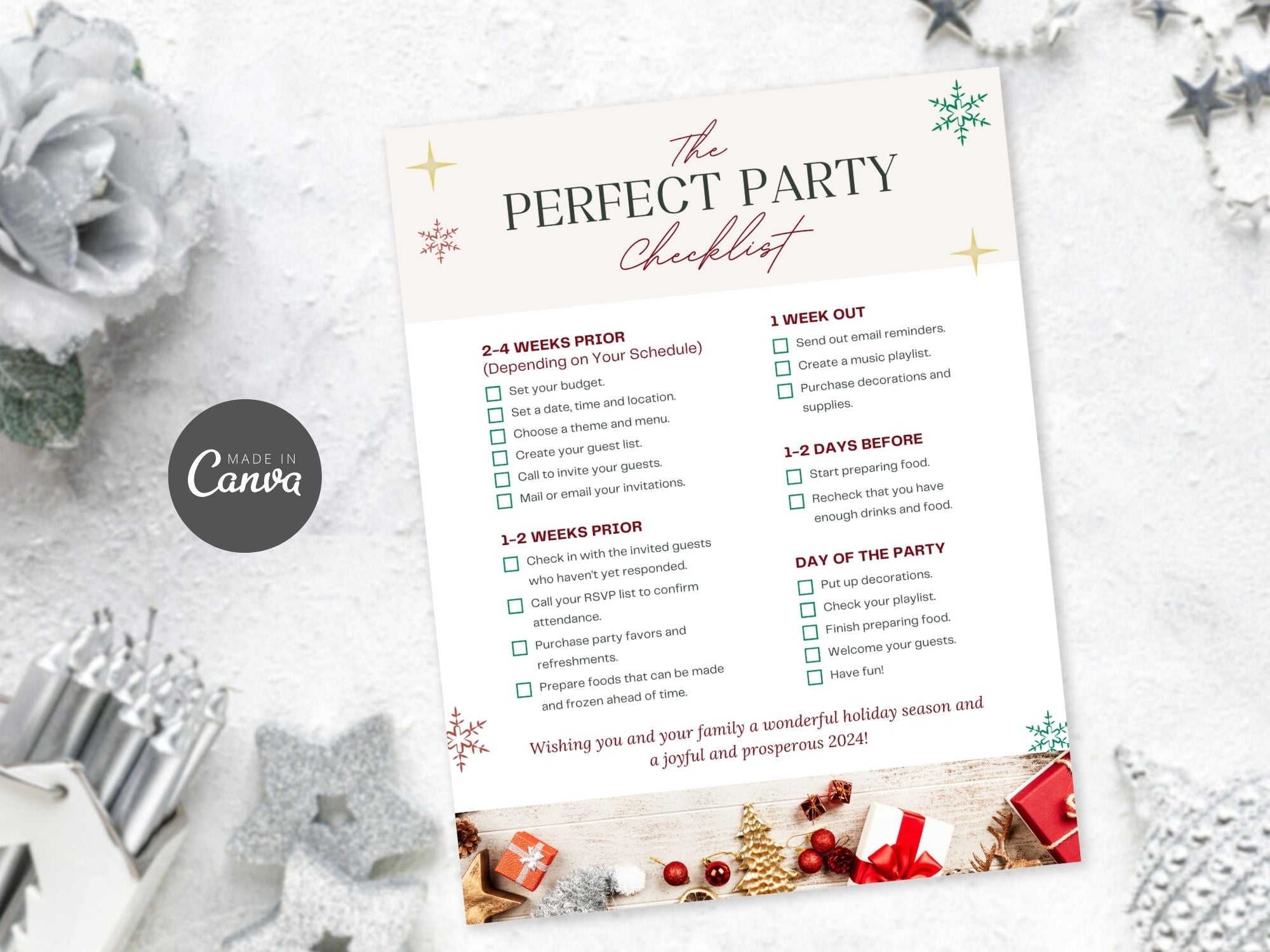 Christmas Holiday Newsletter - Elevate your marketing with festive tips. 'The Perfect Party Checklist' and 'Holiday Season Party Ideas' pages engage clients in holiday spirit, making this season memorable.