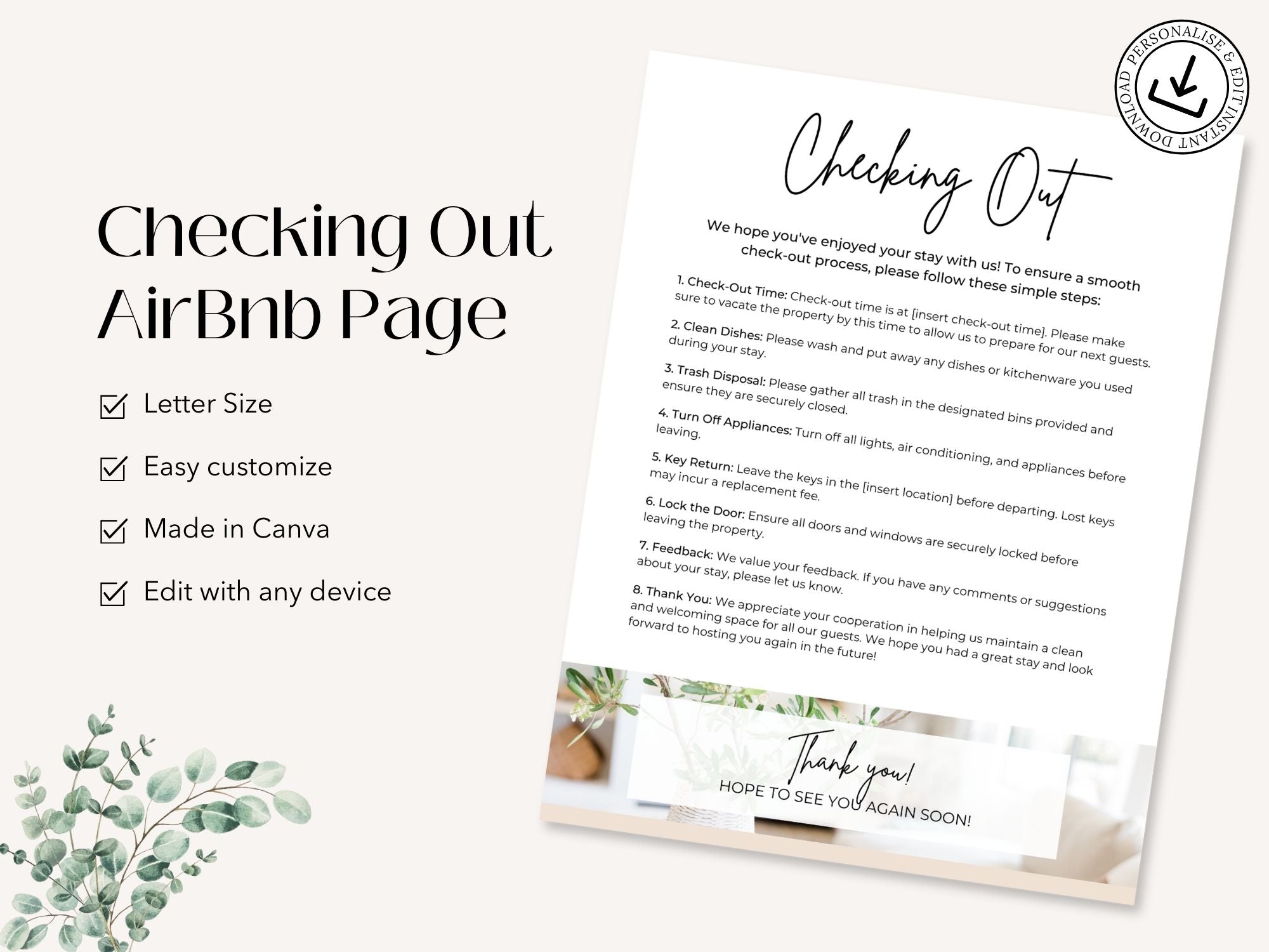 Airbnb Checking Out Page - Editable and digital template for providing clear instructions for a hassle-free departure in your vacation rental