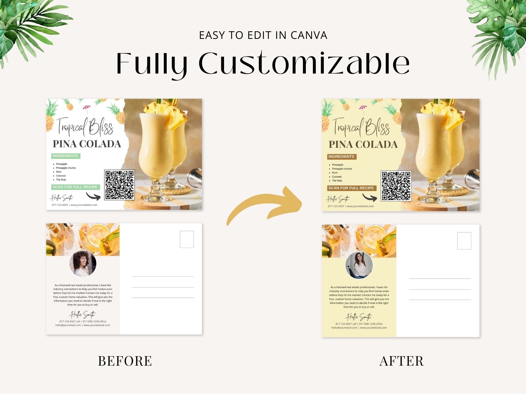 Pina Colada Recipe Postcard - Transport your clients to a tropical escape with a delightful postcard sharing the classic cocktail recipe. Cheers to memorable moments in real estate!