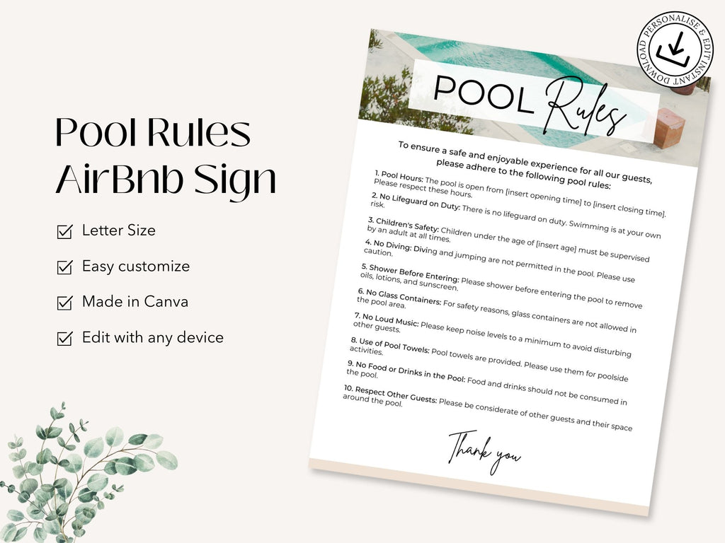 Pool Rules Airbnb Sign - Clear and visually appealing template for vacation rental pool guidelines.