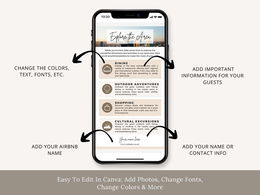 Textable Explore The Area Guide - Editable and digital Airbnb template for providing valuable insights and recommendations to enhance guest exploration
