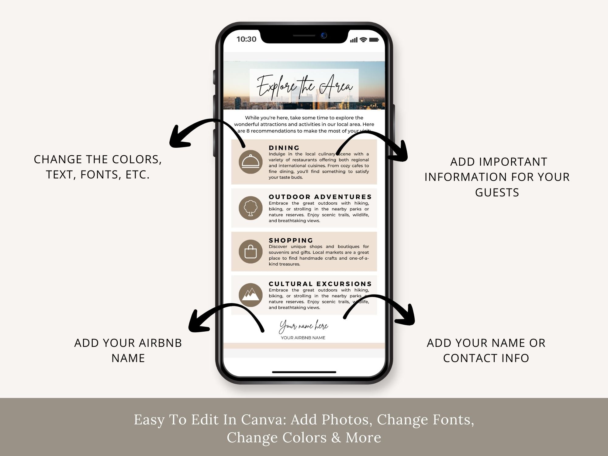 Textable Explore The Area Guide - Editable and digital Airbnb template for providing valuable insights and recommendations to enhance guest exploration