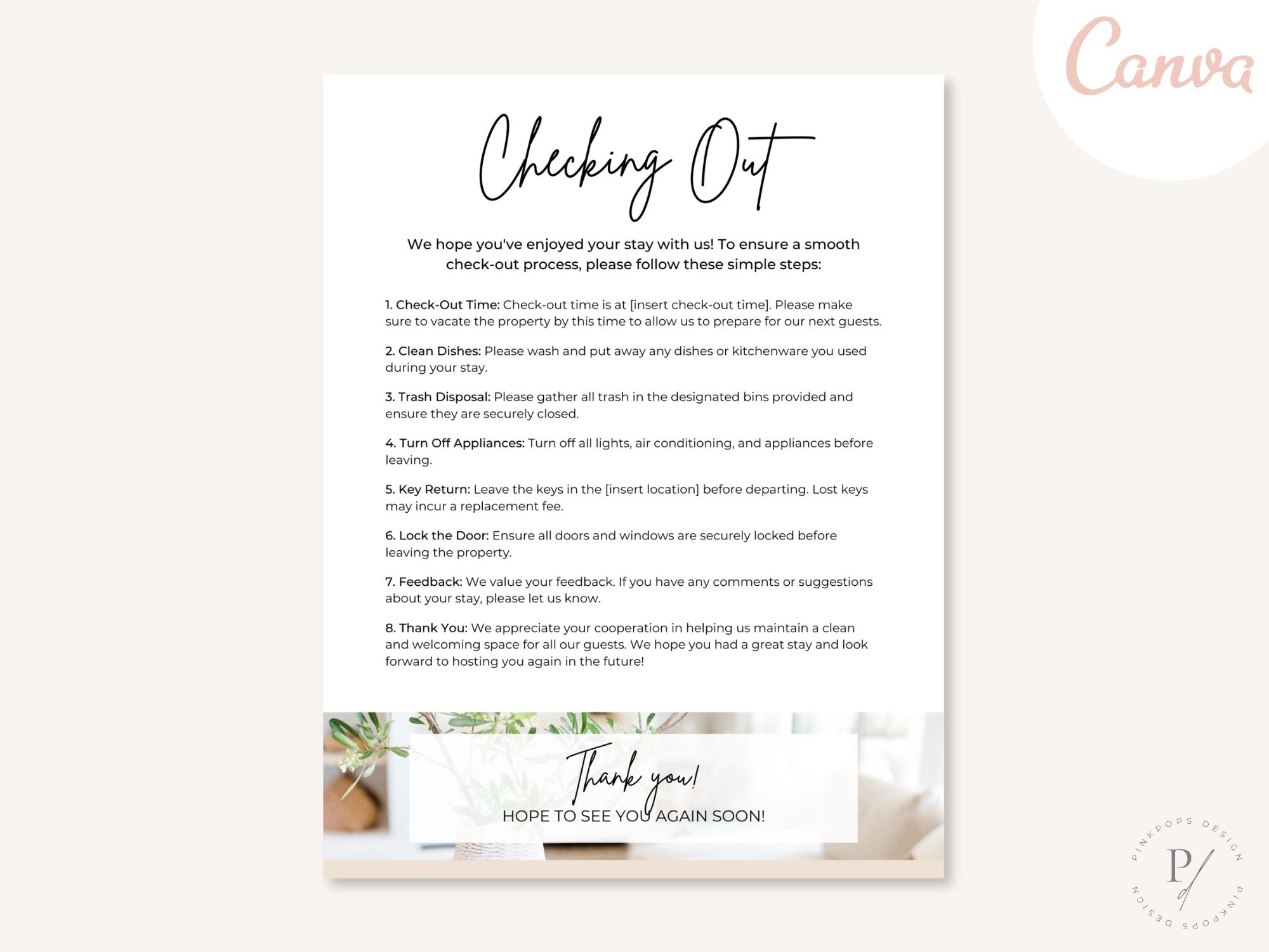 Airbnb Checking Out Page - Editable and digital template for providing clear instructions for a hassle-free departure in your vacation rental