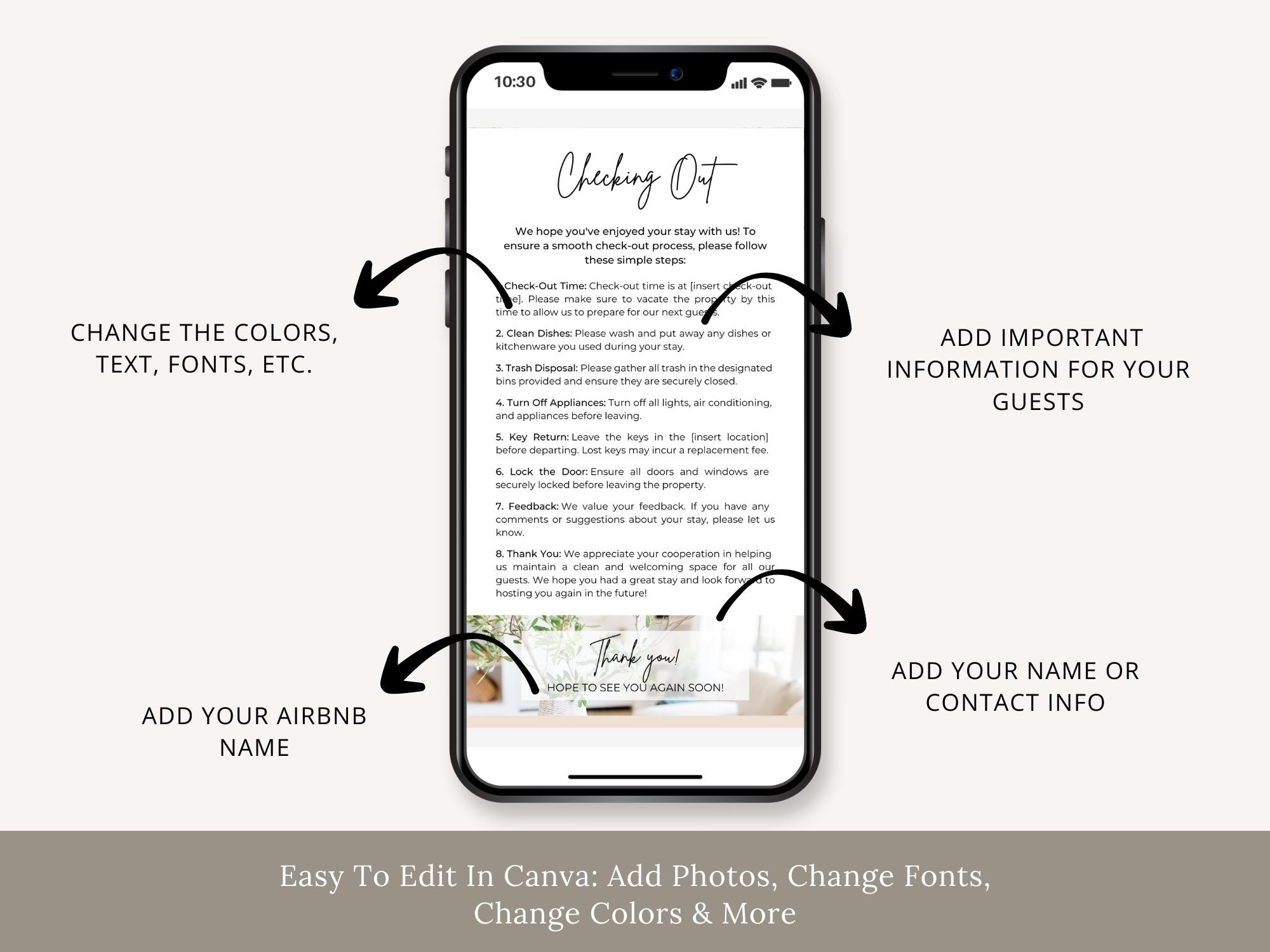 Textable Airbnb Checking Out Page - Editable and digital template for providing clear instructions for a hassle-free departure in your vacation rental.