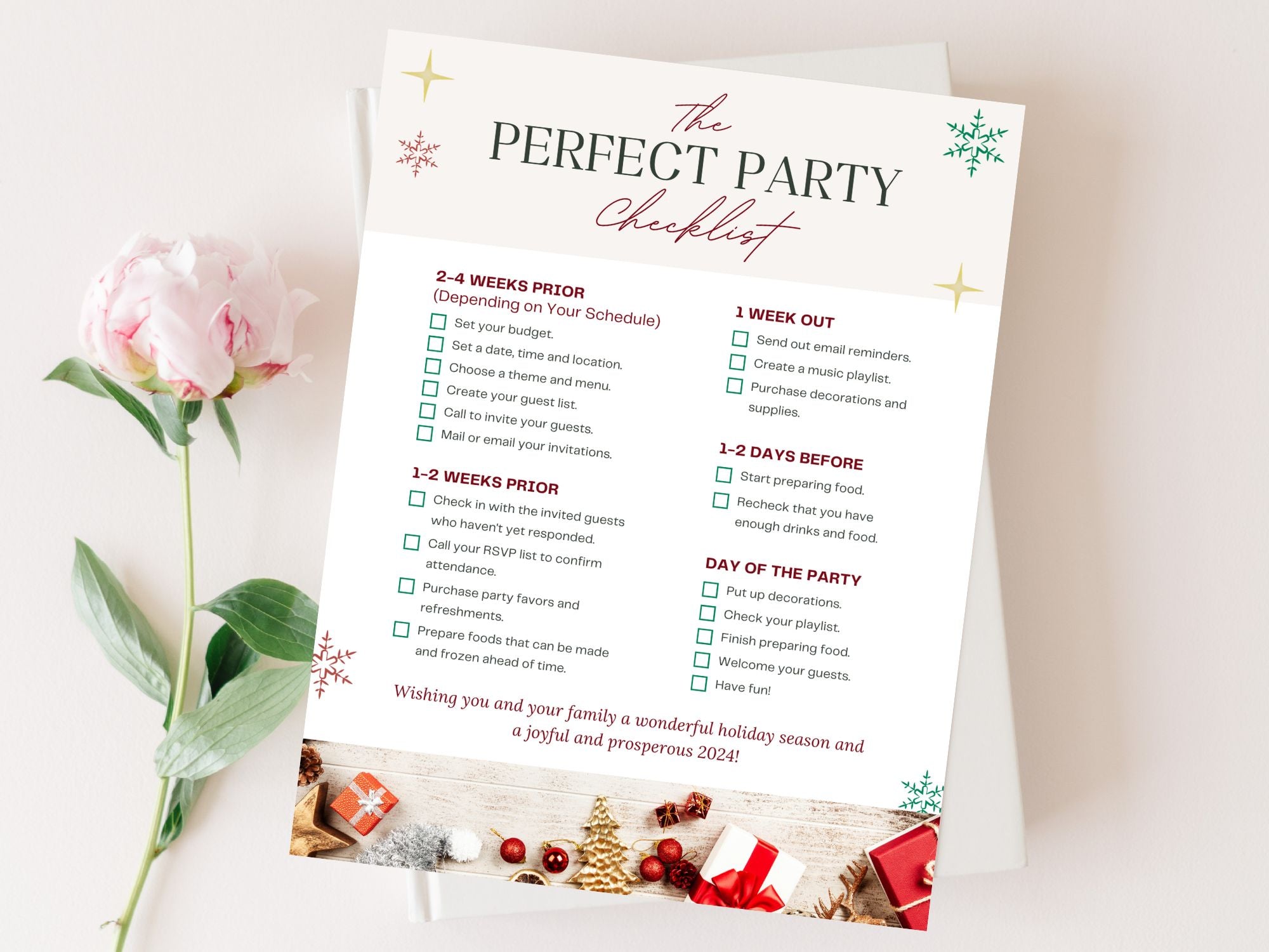 Christmas Holiday Newsletter - Elevate your marketing with festive tips. 'The Perfect Party Checklist' and 'Holiday Season Party Ideas' pages engage clients in holiday spirit, making this season memorable.