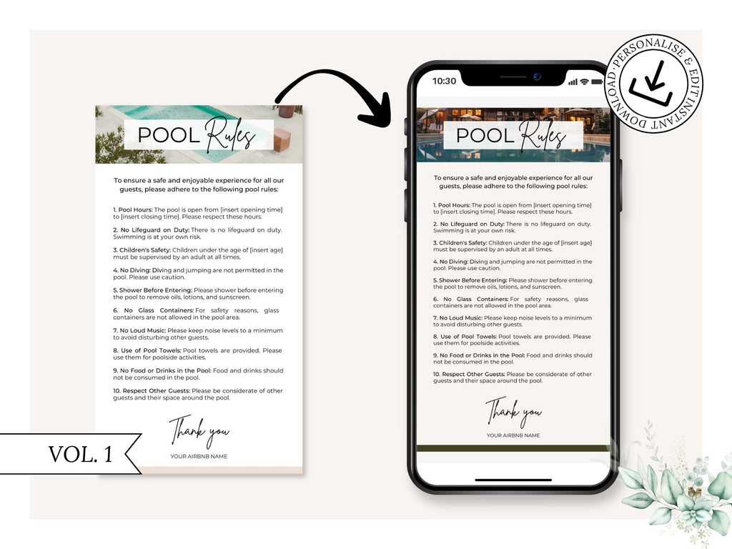 Textable Pool Rules Sign - Editable and digital vacation rental pool rules for seamless guest communication.