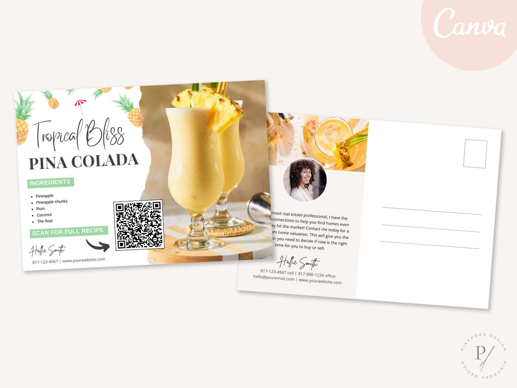 Pina Colada Recipe Postcard - Transport your clients to a tropical escape with a delightful postcard sharing the classic cocktail recipe. Cheers to memorable moments in real estate!