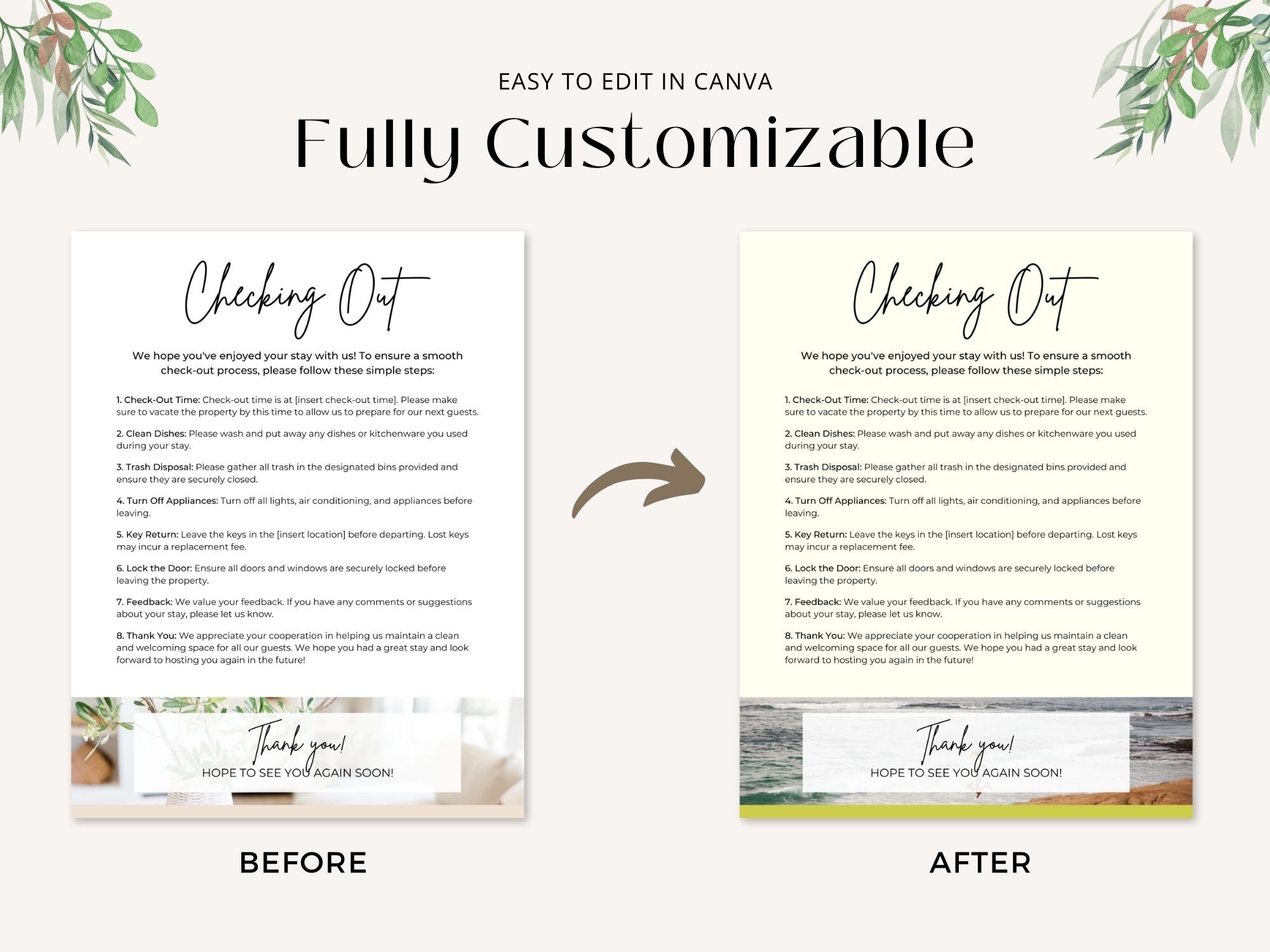 Airbnb Checking Out Page - Editable and digital template for providing clear instructions for a hassle-free departure in your vacation rental