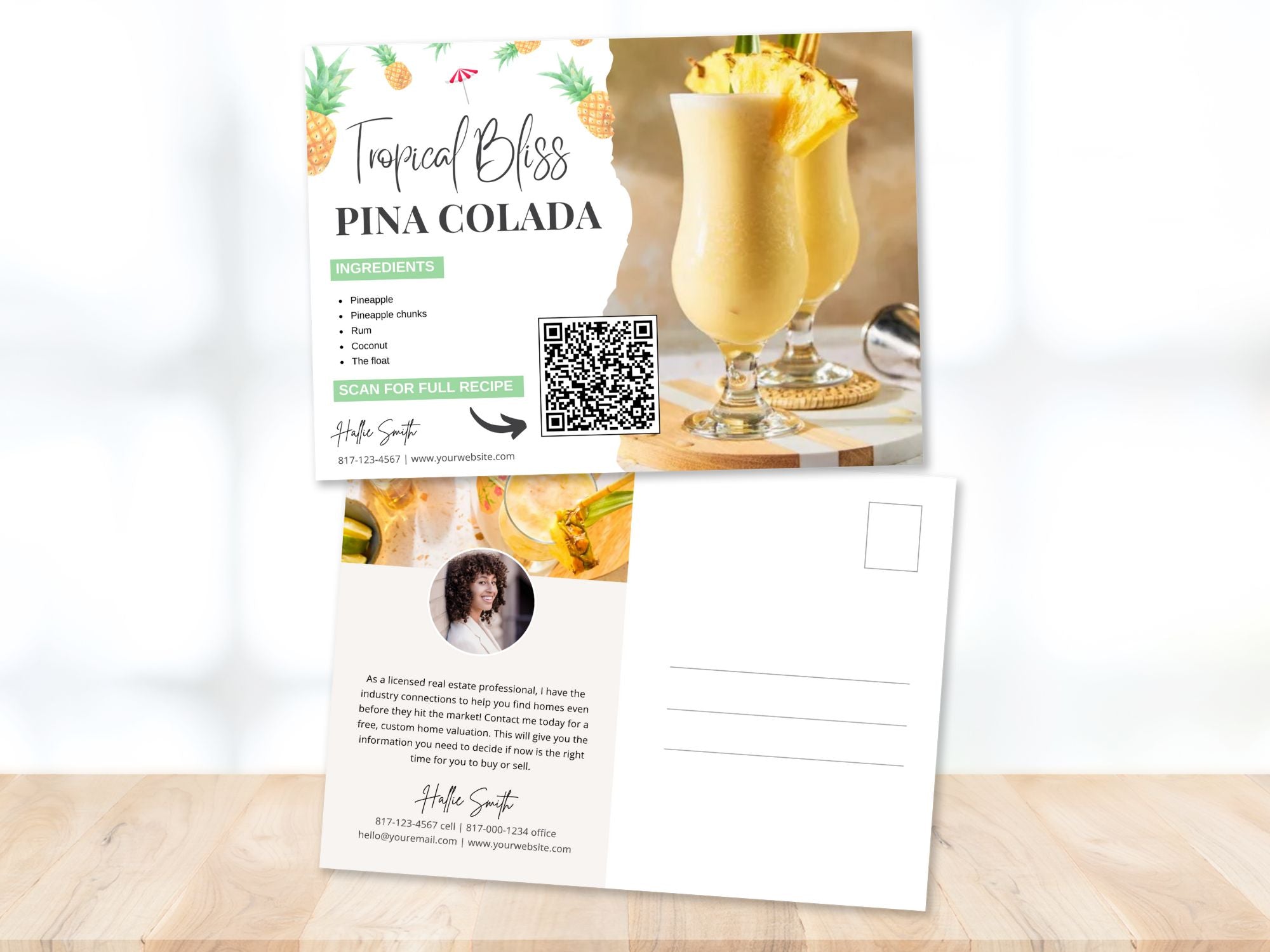 Pina Colada Recipe Postcard - Transport your clients to a tropical escape with a delightful postcard sharing the classic cocktail recipe. Cheers to memorable moments in real estate!