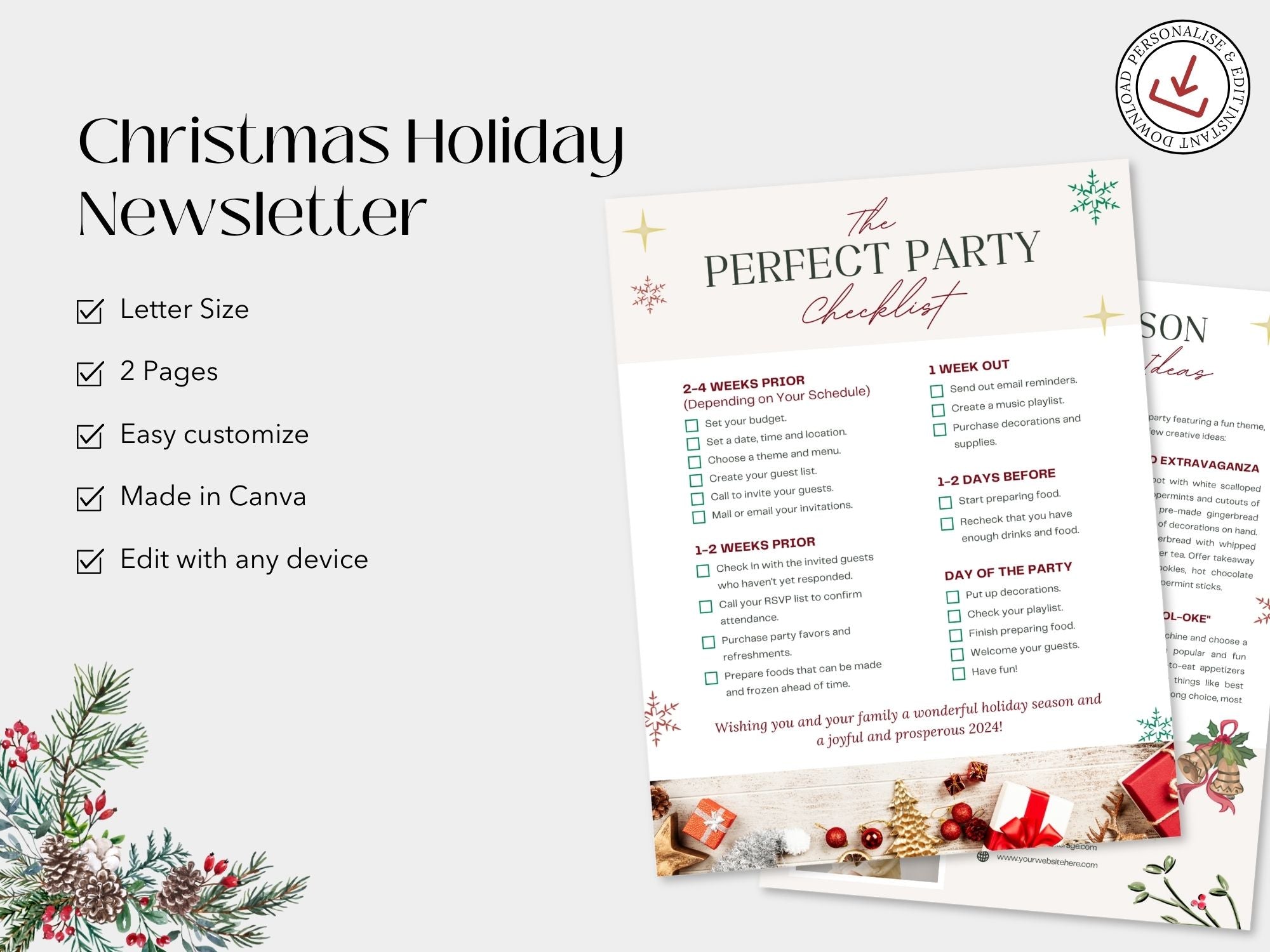 Christmas Holiday Newsletter - Elevate your marketing with festive tips. 'The Perfect Party Checklist' and 'Holiday Season Party Ideas' pages engage clients in holiday spirit, making this season memorable.