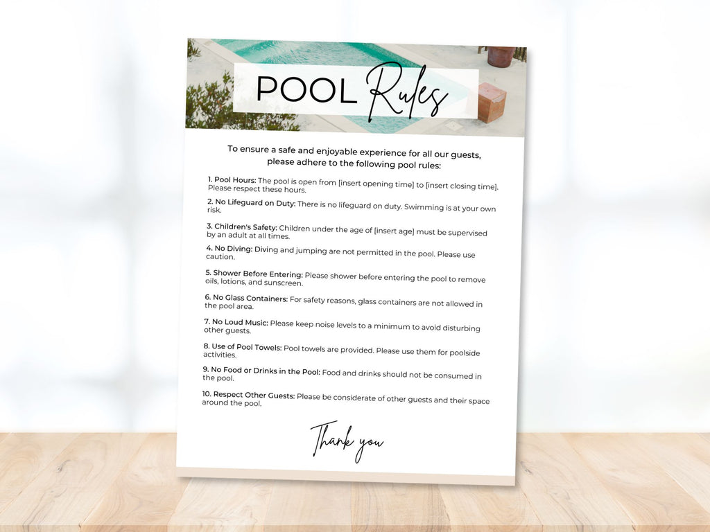 Pool Rules Airbnb Sign - Clear and visually appealing template for vacation rental pool guidelines.