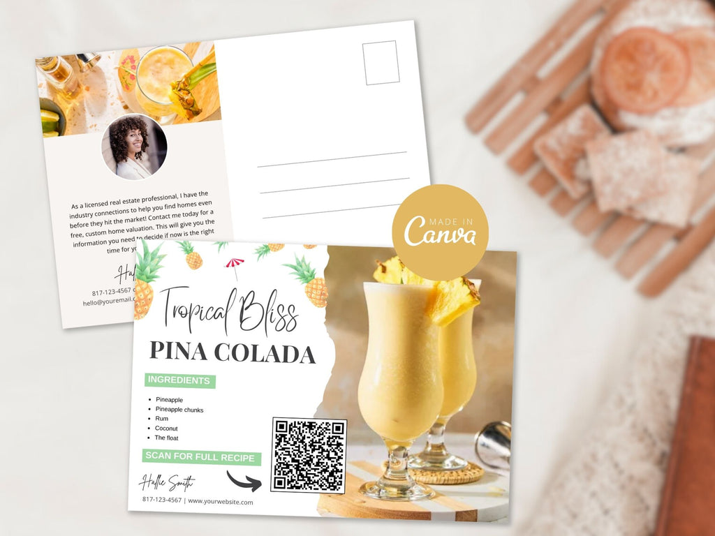 Pina Colada Recipe Postcard - Transport your clients to a tropical escape with a delightful postcard sharing the classic cocktail recipe. Cheers to memorable moments in real estate!