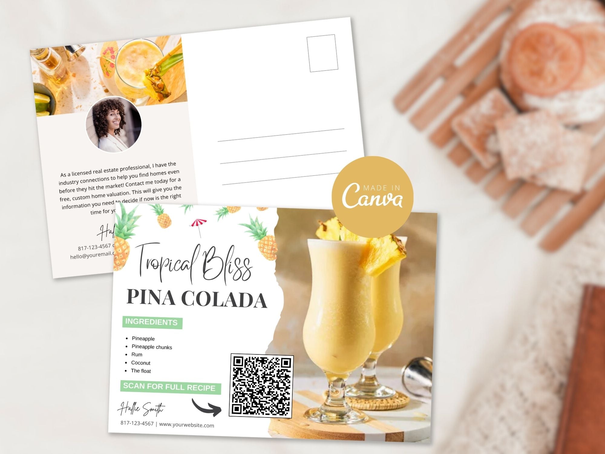 Pina Colada Recipe Postcard - Transport your clients to a tropical escape with a delightful postcard sharing the classic cocktail recipe. Cheers to memorable moments in real estate!
