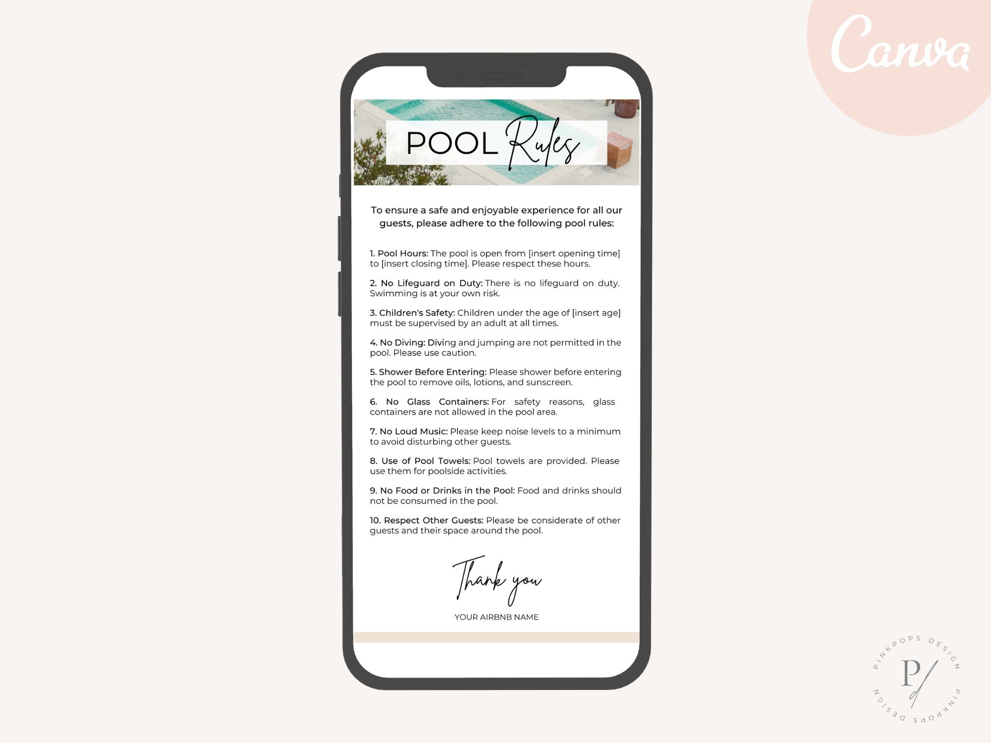 Textable Pool Rules Sign - Editable and digital vacation rental pool rules for seamless guest communication.