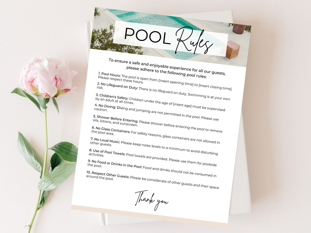 Pool Rules Airbnb Sign - Clear and visually appealing template for vacation rental pool guidelines.