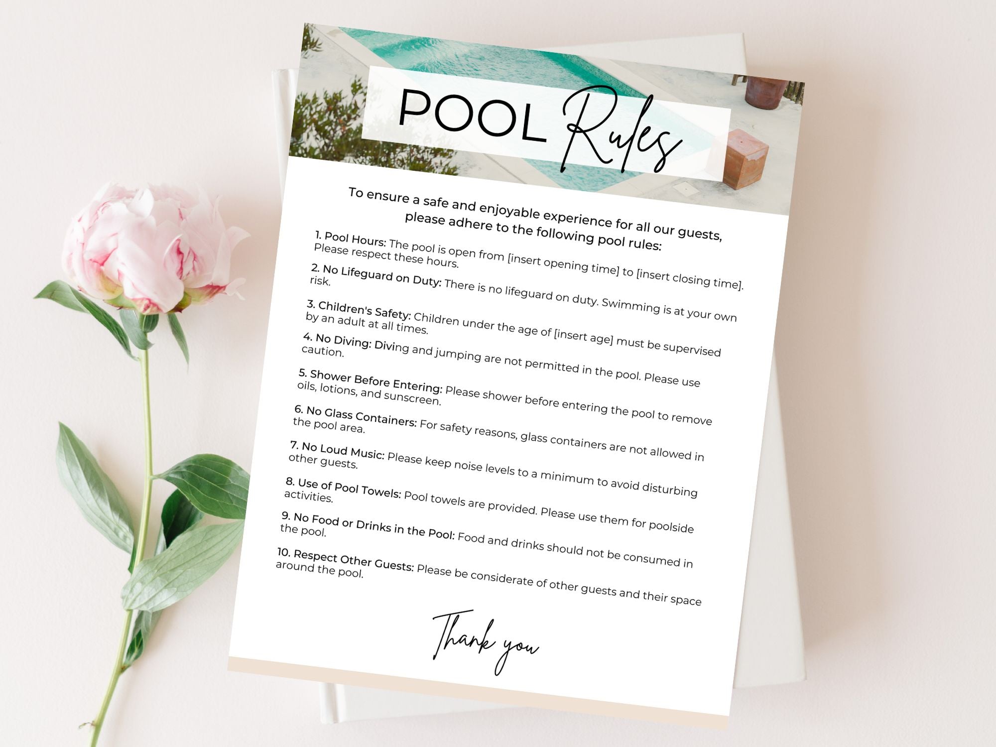 Pool Rules Airbnb Sign - Clear and visually appealing template for vacation rental pool guidelines.